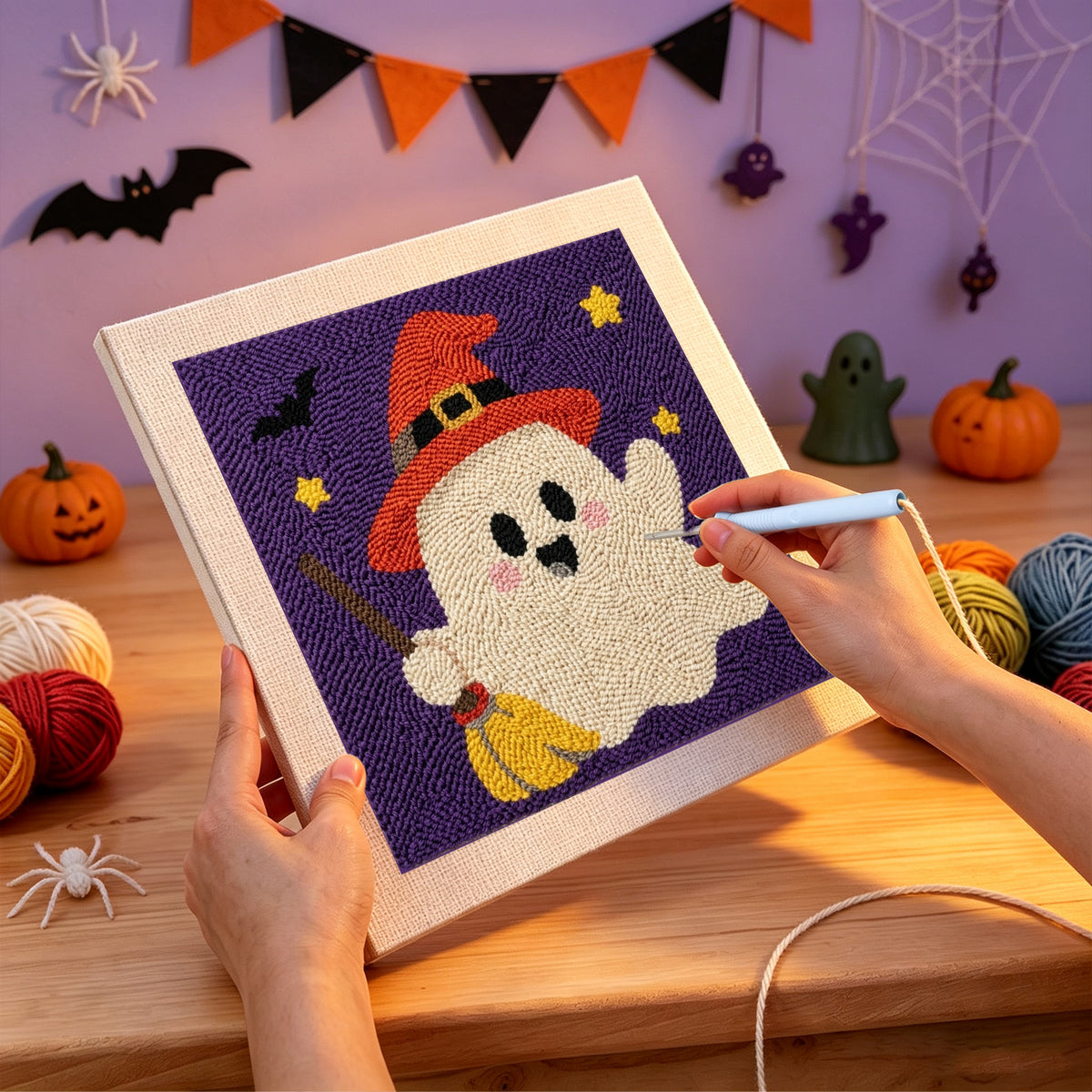 Punching the Orange Hat Ghost design with the punch needle