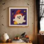 Finished Orange Hat Ghost punch needle canvas on a wall