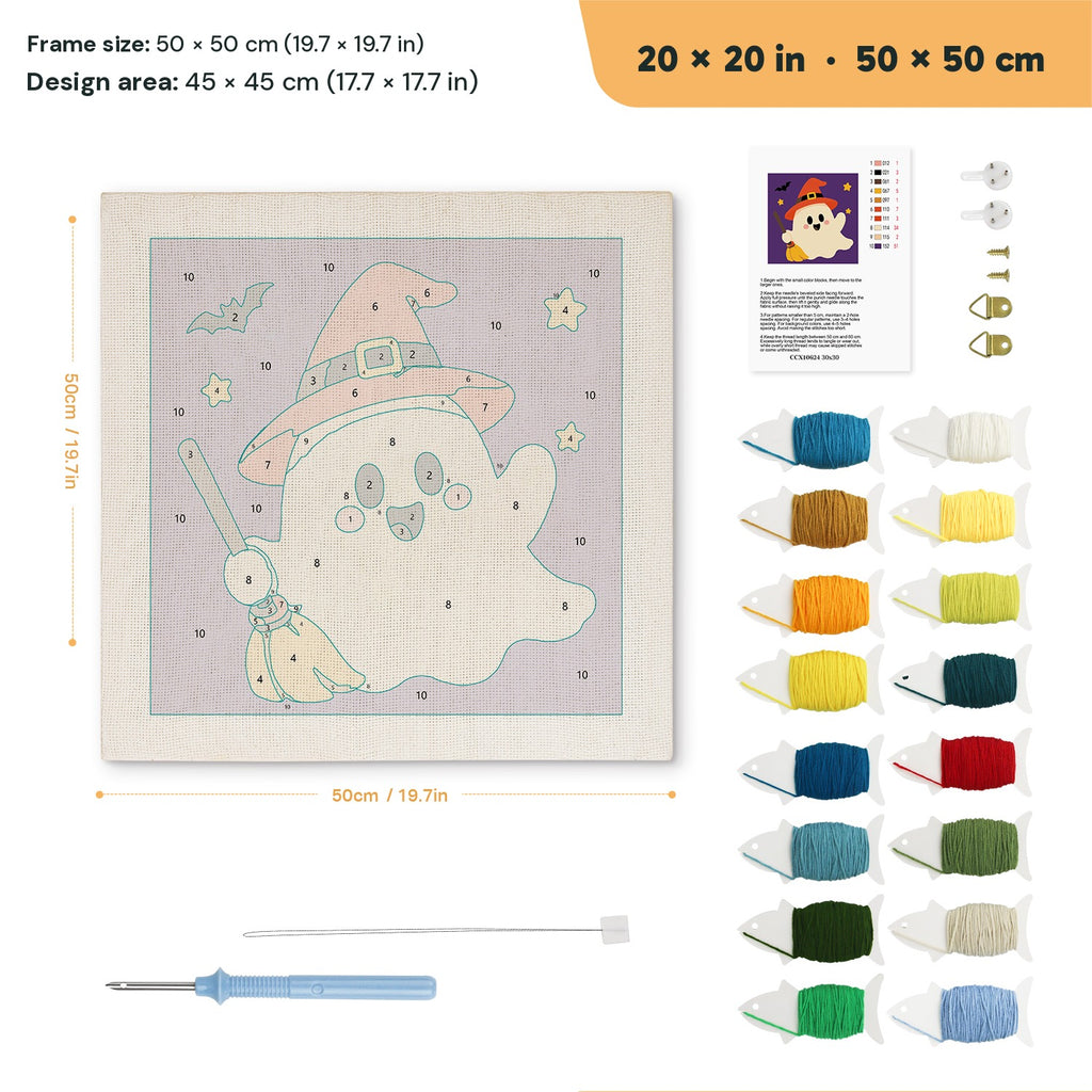 Orange Hat Ghost punch needle kit, 20 × 20 in (50 × 50 cm): canvas size and kit contents