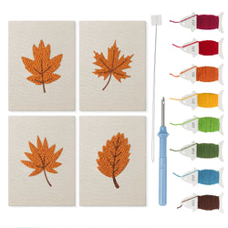 Orange Maple Leaves mini punch needle kit set: four finished canvases with threads, punch needle and threader