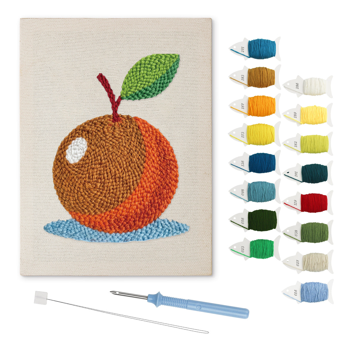 Orange on Blue punch needle kit: finished canvas with threads, punch needle and threader