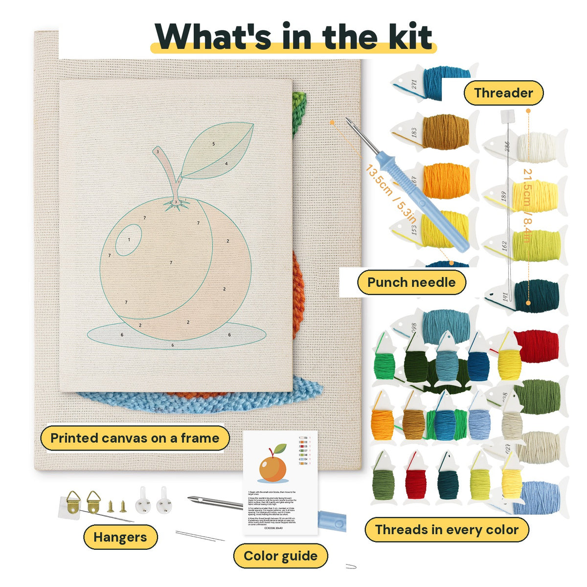 What is in the Orange on Blue kit: printed canvas, punch needle, threader, threads, color guide and hangers