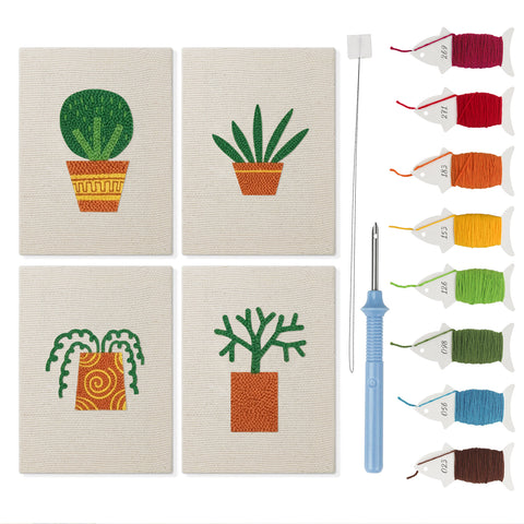Orange Pot Greens mini punch needle kit set: four finished canvases with threads, punch needle and threader
