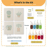 What is in the Orange Pot Greens set: 4 printed canvases, punch needle, threader, threads, color guide and 4 sets of hangers (6 × 8 in (15 × 20 cm) each)