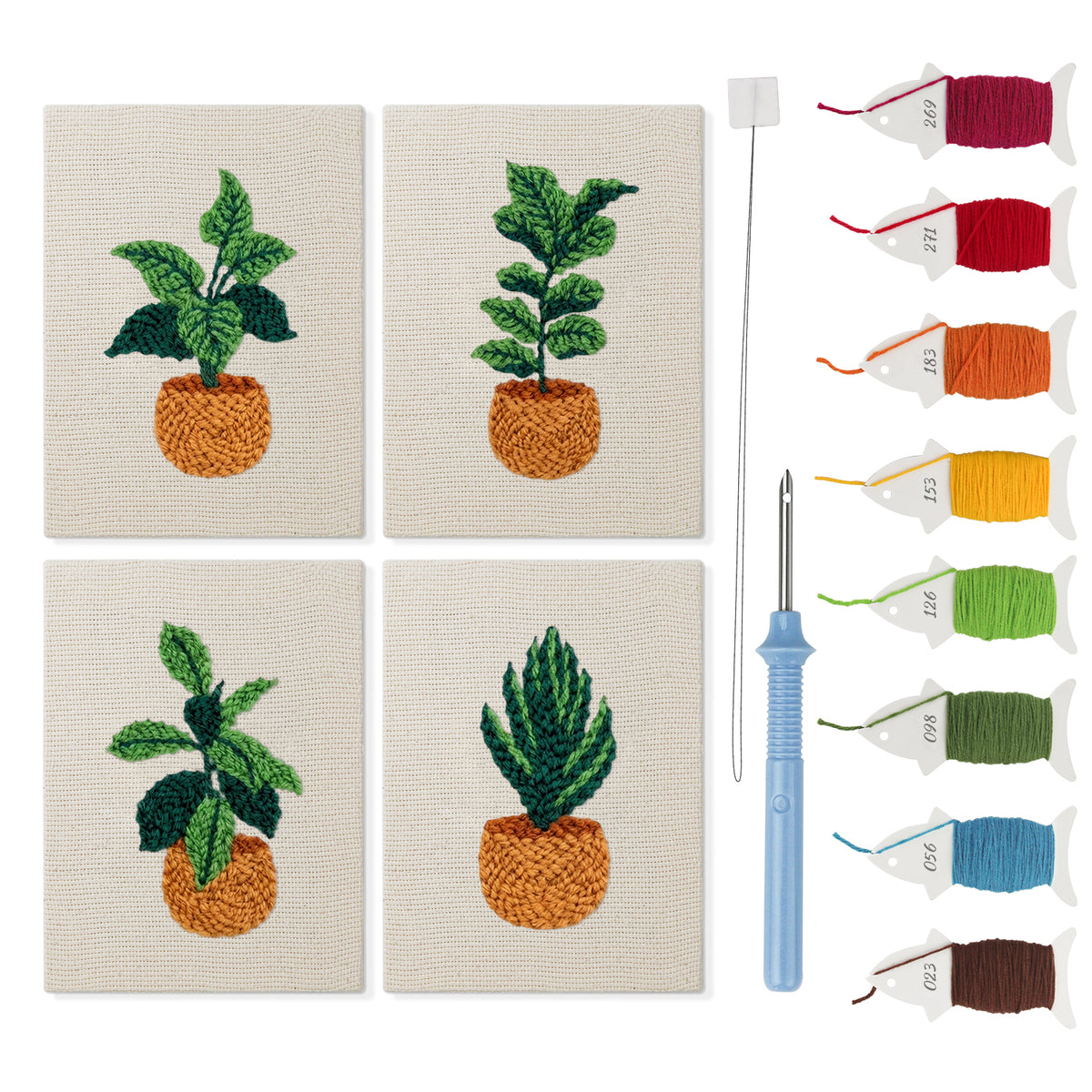 Orange Pot Plants mini punch needle kit set: four finished canvases with threads, punch needle and threader