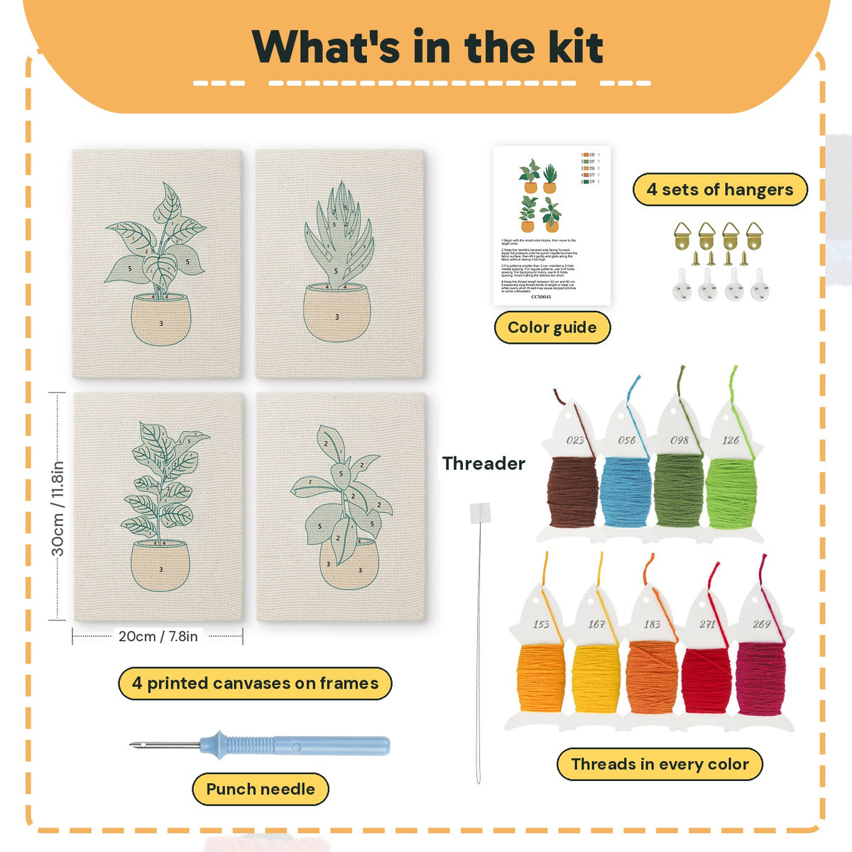 What is in the Orange Pot Plants set, 8 × 12 in (20 × 30 cm) each: 4 printed canvases, punch needle, threader, threads, color guide and 4 sets of hangers