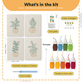 What is in the Orange Pot Plants set, 8 × 12 in (20 × 30 cm) each: 4 printed canvases, punch needle, threader, threads, color guide and 4 sets of hangers