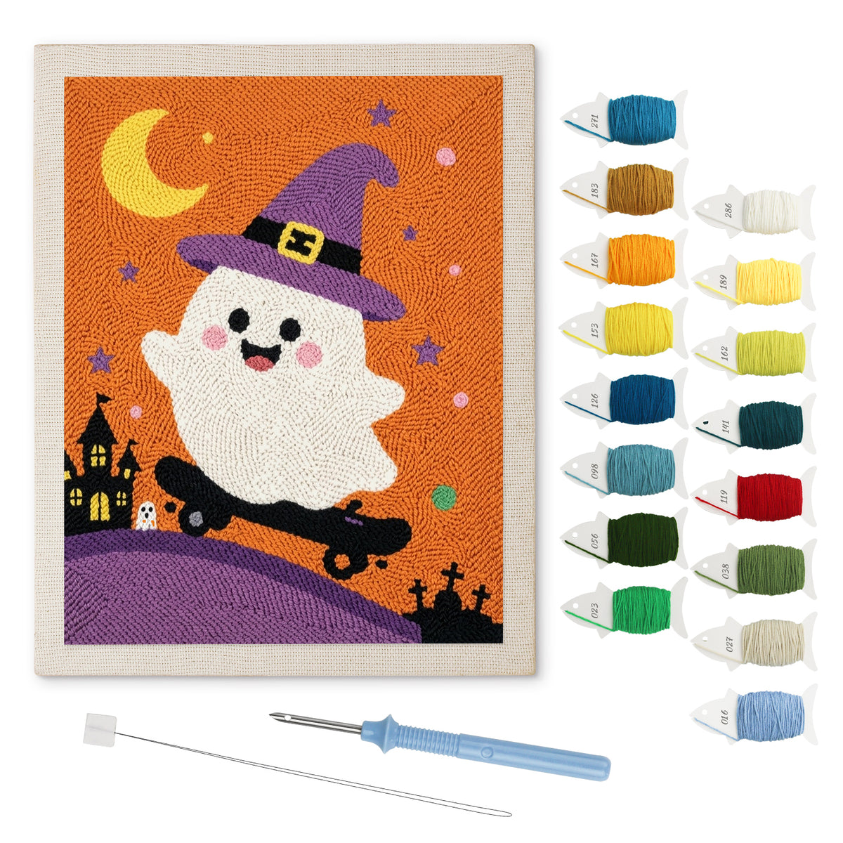 Orange Skater Ghost punch needle kit: finished canvas with threads, punch needle and threader