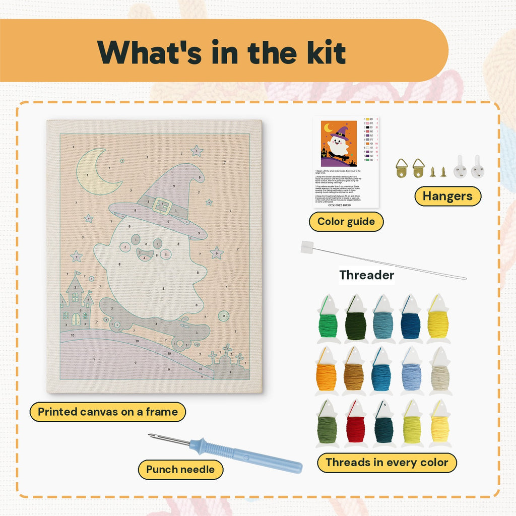 What is in the Orange Skater Ghost kit: printed canvas, punch needle, threader, threads, color guide and hangers