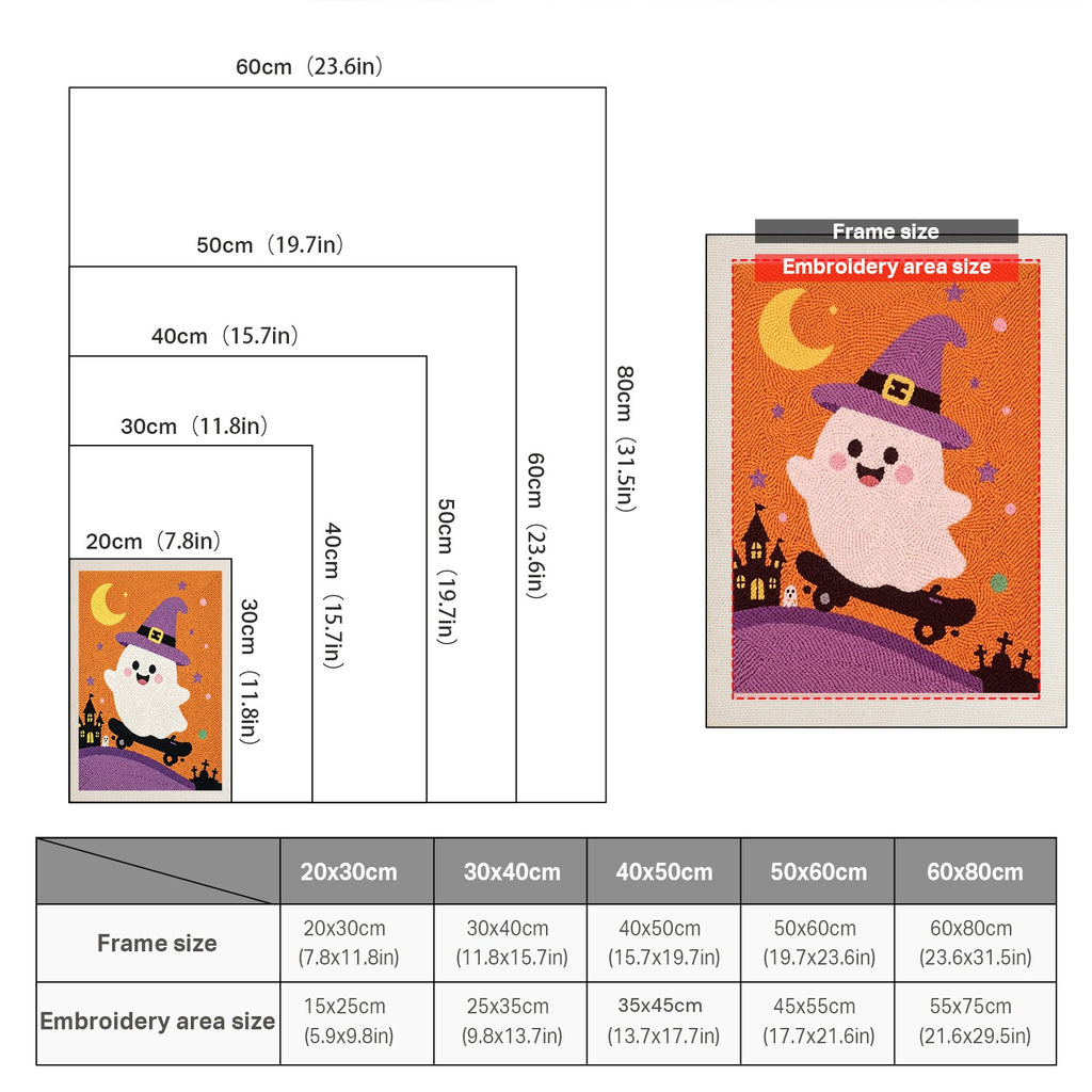 Size chart for punch needle kits from 20 x 30 cm to 60 x 80 cm