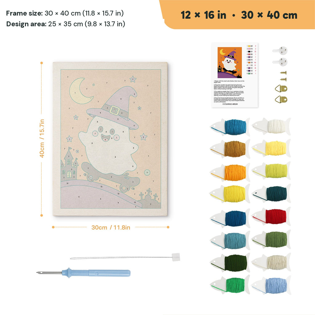 Orange Skater Ghost punch needle kit, 12 × 16 in (30 × 40 cm): canvas size and kit contents