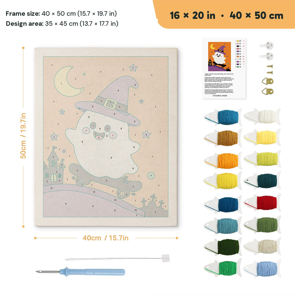 Orange Skater Ghost punch needle kit, 16 × 20 in (40 × 50 cm): canvas size and kit contents