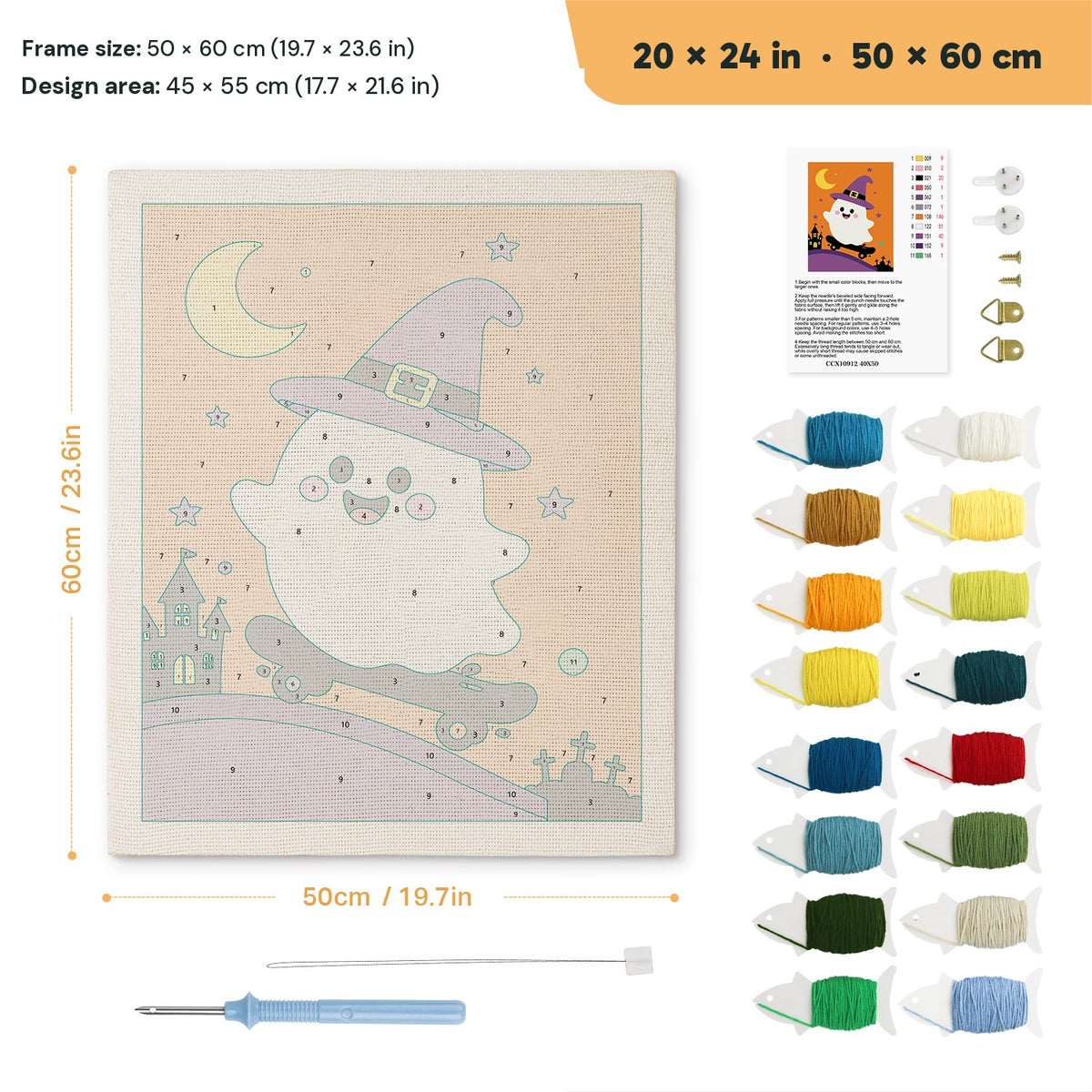 Orange Skater Ghost punch needle kit, 20 × 24 in (50 × 60 cm): canvas size and kit contents