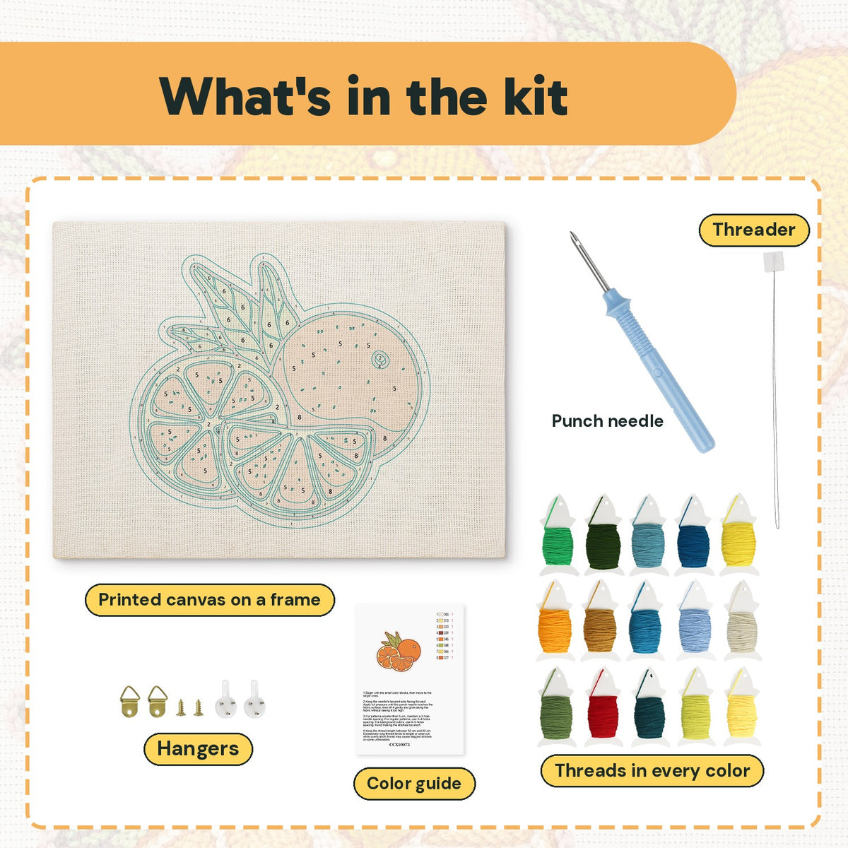 What is in the Orange Slices kit: printed canvas, punch needle, threader, threads, color guide and hangers