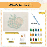 What is in the Orange Slices kit: printed canvas, punch needle, threader, threads, color guide and hangers