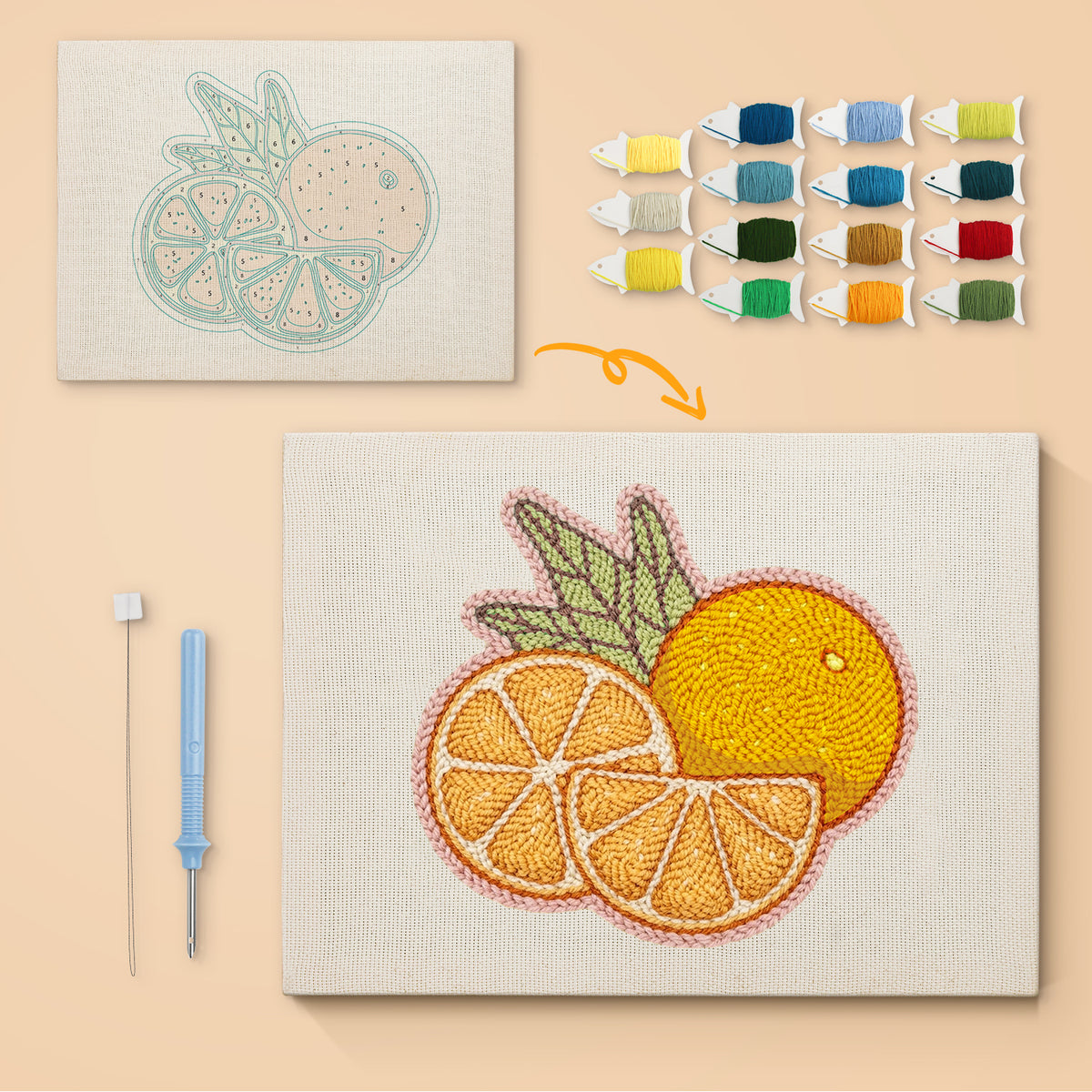 Orange Slices canvas before and after punching, with the threads and tools