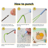 Six steps showing how to thread and use the punch needle