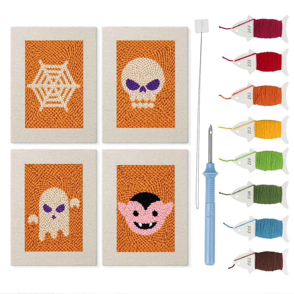 Orange Spiderweb mini punch needle kit set: four finished canvases with threads, punch needle and threader