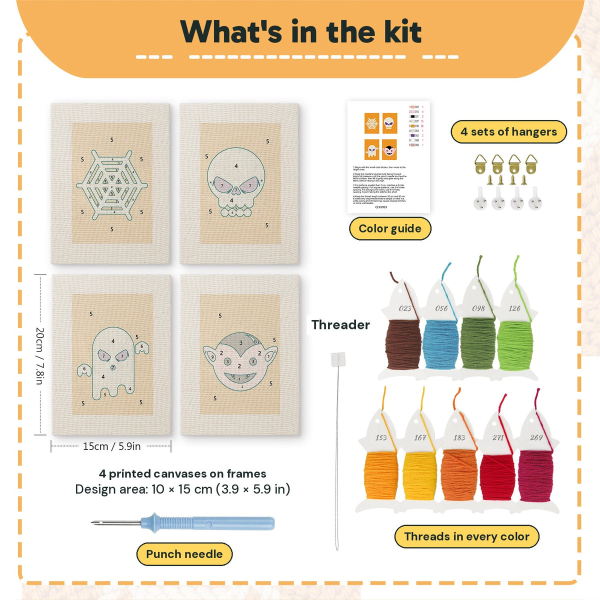 What is in the Orange Spiderweb set: 4 printed canvases, punch needle, threader, threads, color guide and 4 sets of hangers (6 × 8 in (15 × 20 cm) each)