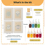 What is in the Orange Spiderweb set: 4 printed canvases, punch needle, threader, threads, color guide and 4 sets of hangers (6 × 8 in (15 × 20 cm) each)