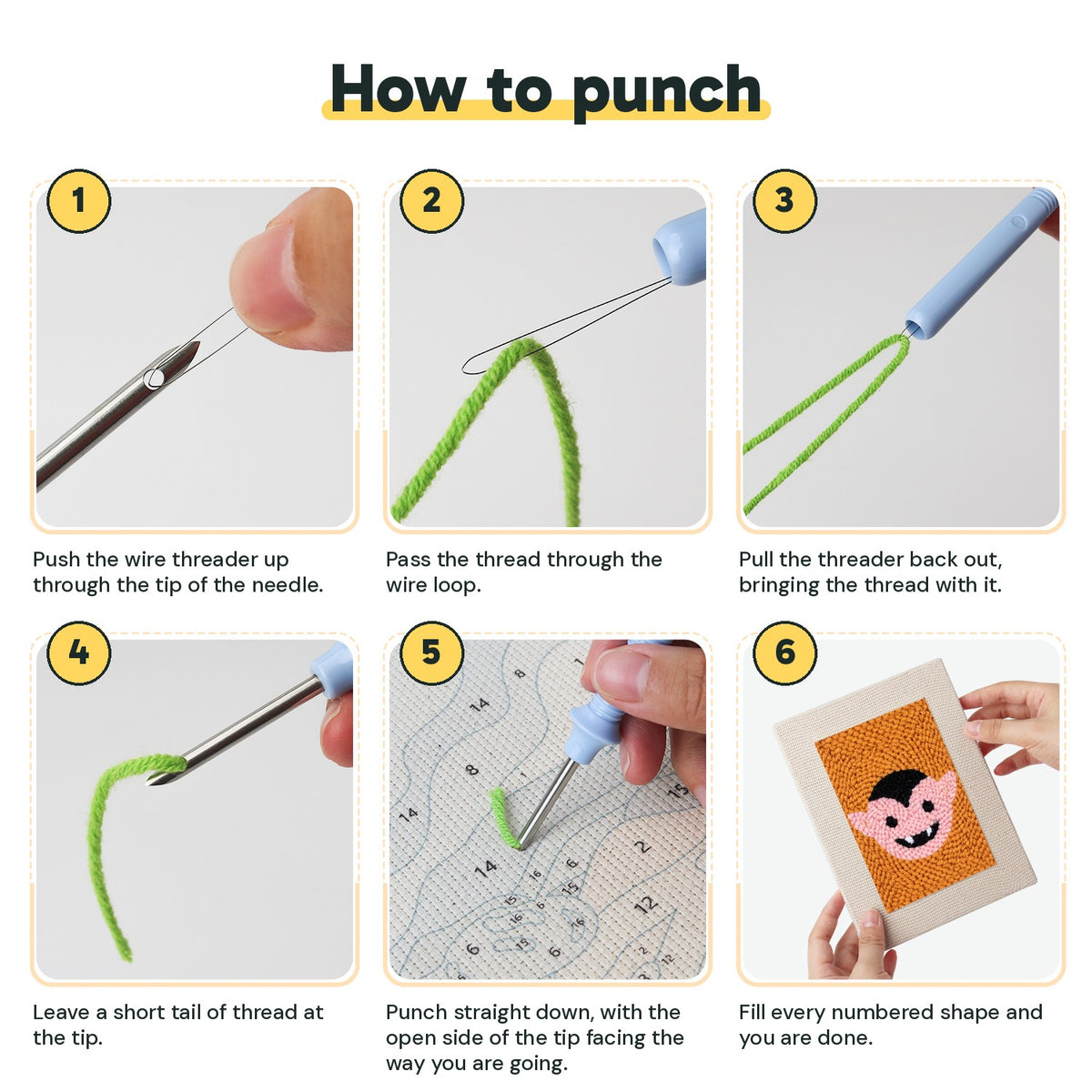 Six steps showing how to thread and use the punch needle