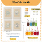 What is in the Orange Spiderweb set, 8 × 12 in (20 × 30 cm) each: 4 printed canvases, punch needle, threader, threads, color guide and 4 sets of hangers