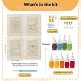 What is in the Orange Spiderweb set, 8 × 12 in (20 × 30 cm) each: 4 printed canvases, punch needle, threader, threads, color guide and 4 sets of hangers