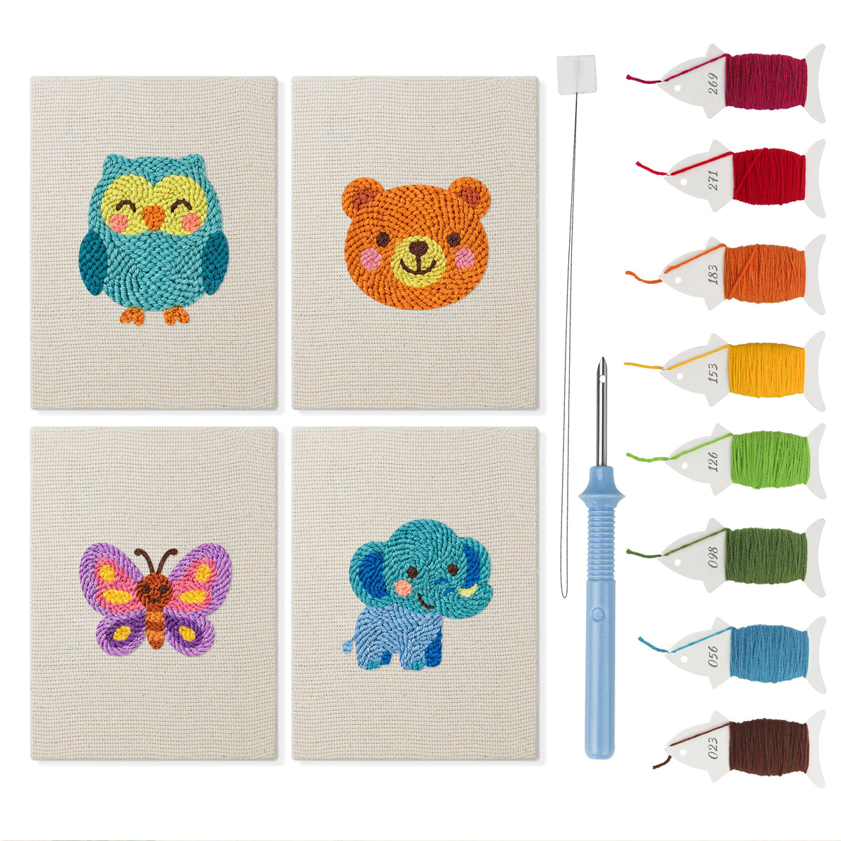 Owl and Butterfly mini punch needle kit set: four finished canvases with threads, punch needle and threader
