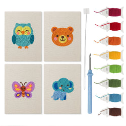 Owl and Butterfly mini punch needle kit set: four finished canvases with threads, punch needle and threader