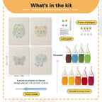 What is in the Owl and Butterfly set: 4 printed canvases, punch needle, threader, threads, color guide and 4 sets of hangers (6 × 8 in (15 × 20 cm) each)