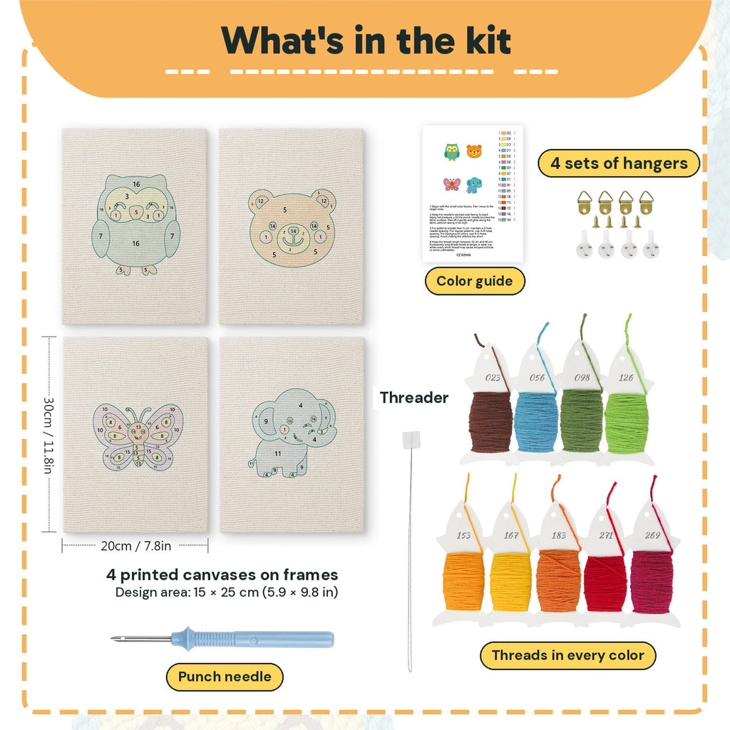 What is in the Owl and Butterfly set, 8 × 12 in (20 × 30 cm) each: 4 printed canvases, punch needle, threader, threads, color guide and 4 sets of hangers