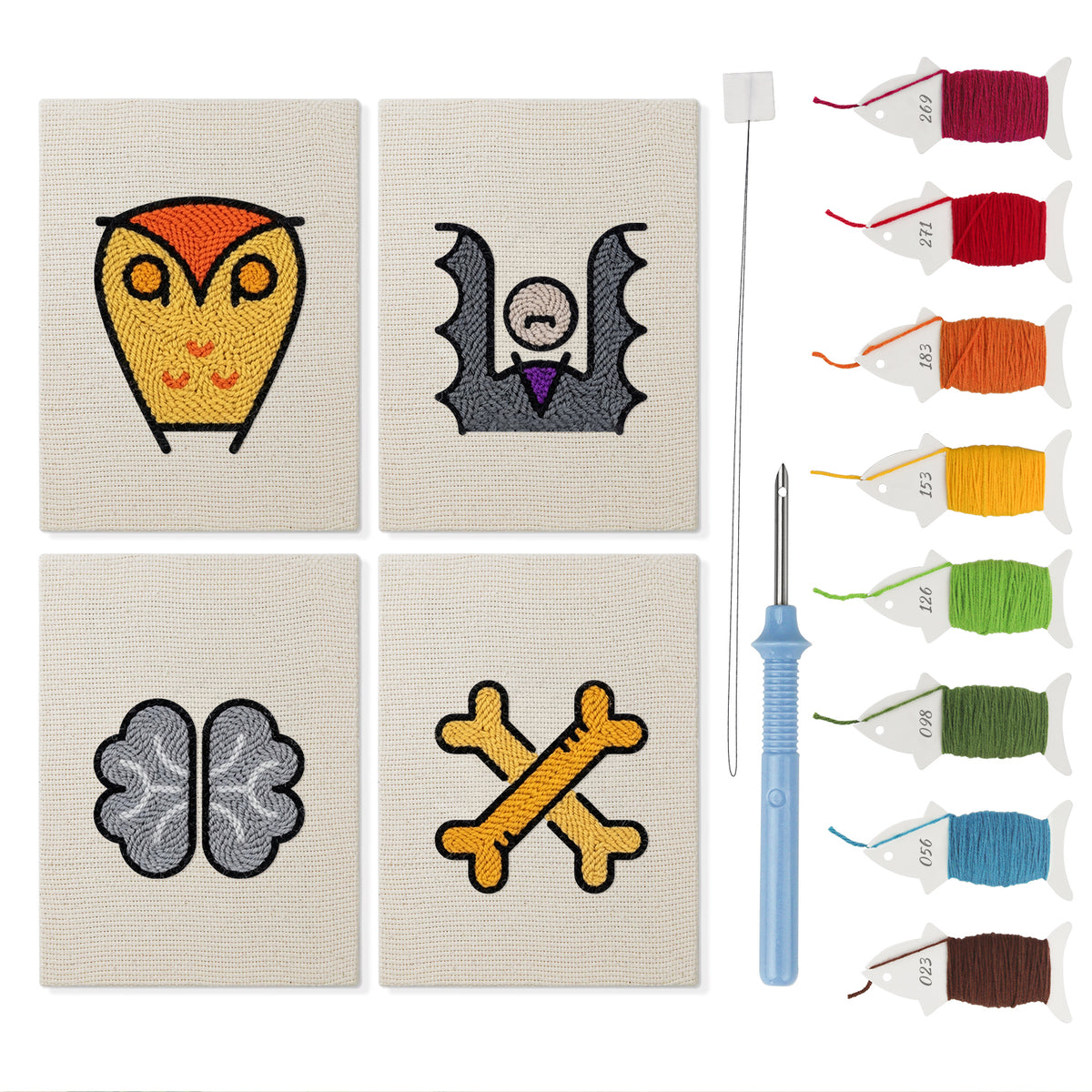 Owl and Crossbones mini punch needle kit set: four finished canvases with threads, punch needle and threader