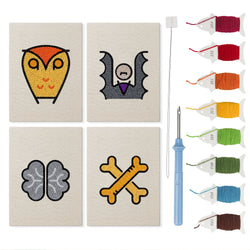Owl and Crossbones mini punch needle kit set: four finished canvases with threads, punch needle and threader