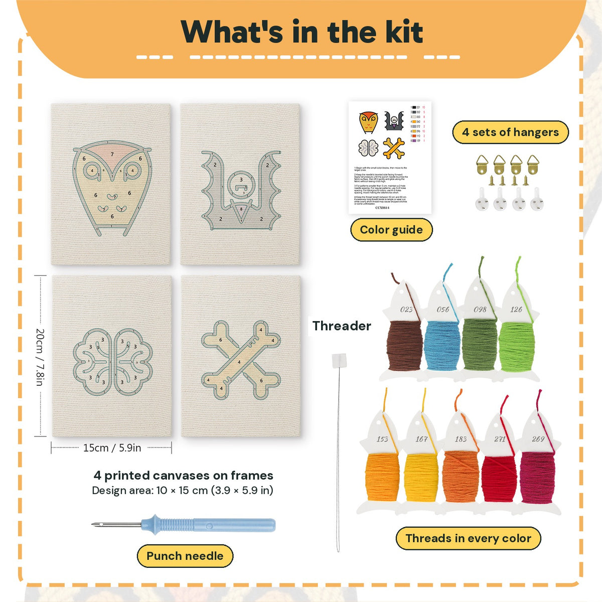 What is in the Owl and Crossbones set: 4 printed canvases, punch needle, threader, threads, color guide and 4 sets of hangers (6 × 8 in (15 × 20 cm) each)