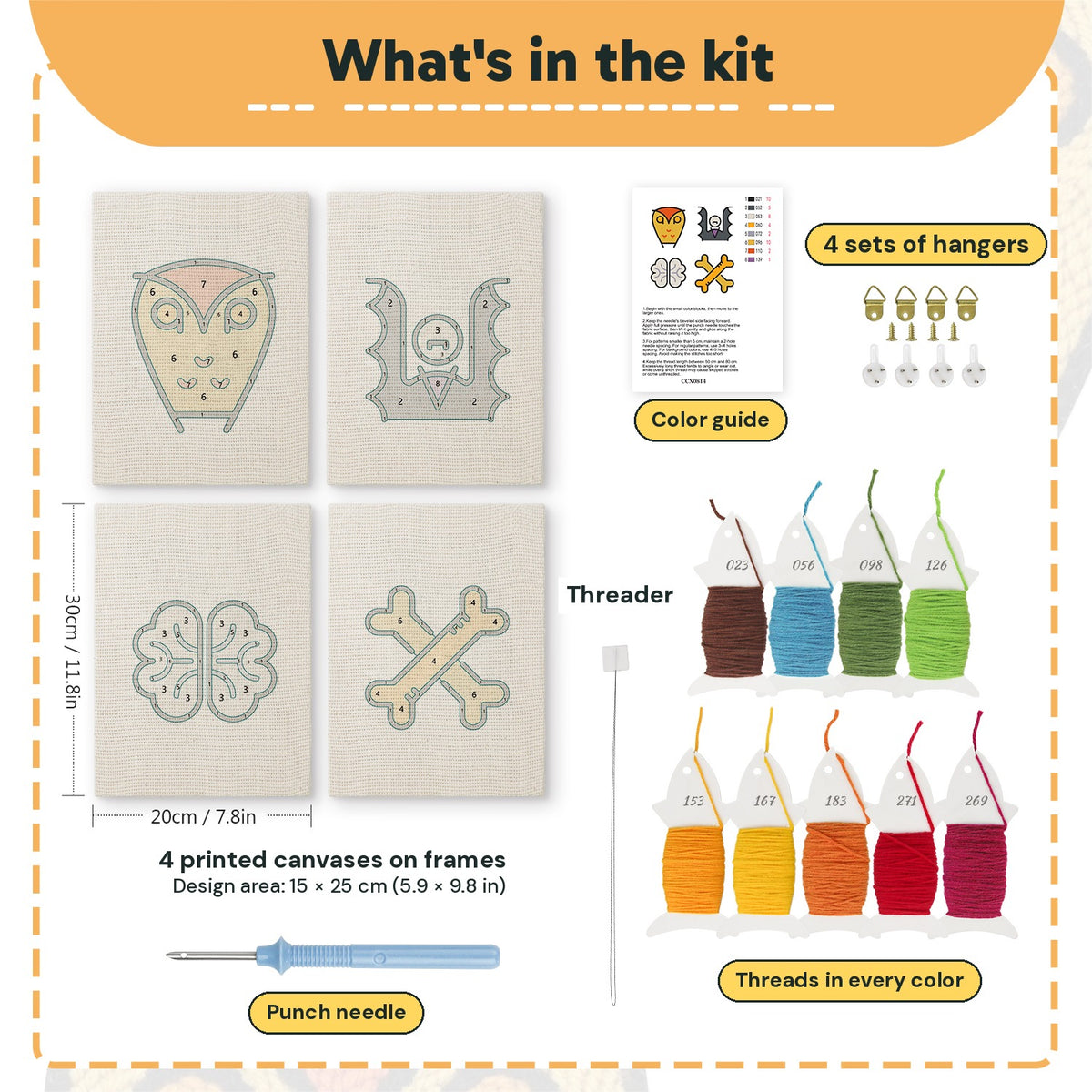 What is in the Owl and Crossbones set, 8 × 12 in (20 × 30 cm) each: 4 printed canvases, punch needle, threader, threads, color guide and 4 sets of hangers