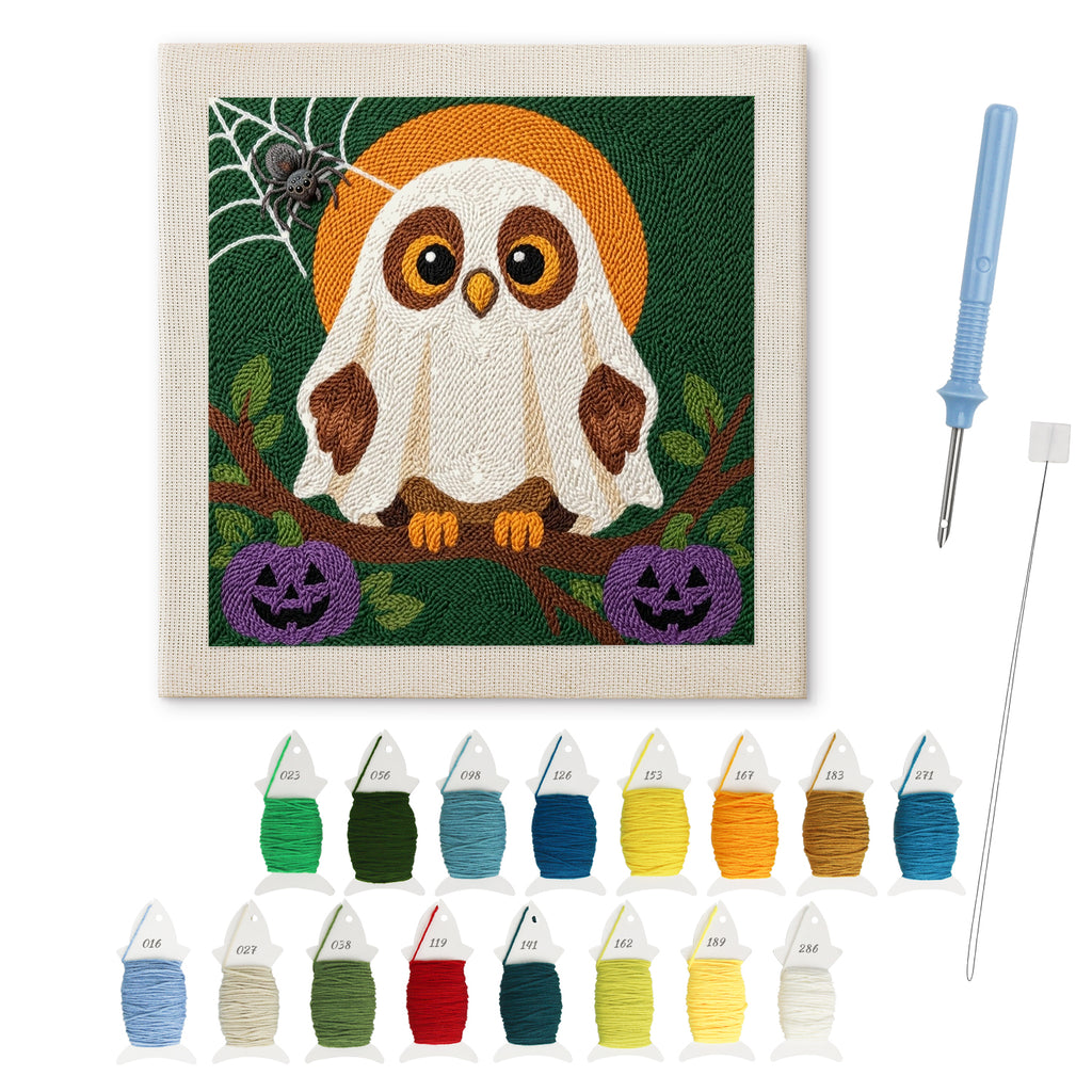 Owl in a Sheet punch needle kit: finished canvas with threads, punch needle and threader