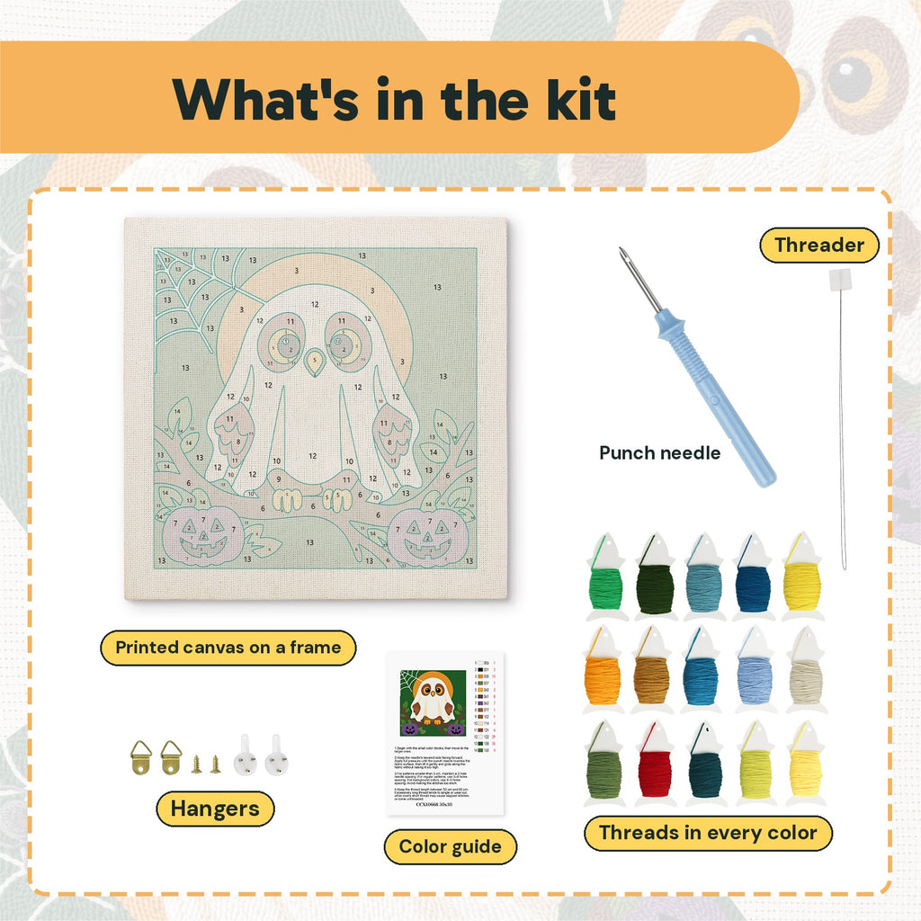 What is in the Owl in a Sheet kit: printed canvas, punch needle, threader, threads, color guide and hangers