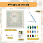 What is in the Owl in a Sheet kit: printed canvas, punch needle, threader, threads, color guide and hangers