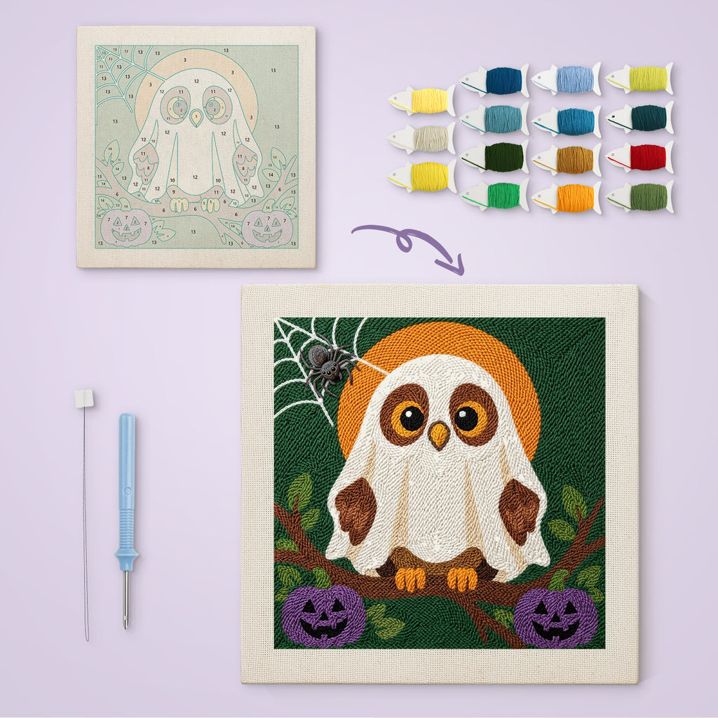 Owl in a Sheet canvas before and after punching, with the threads and tools