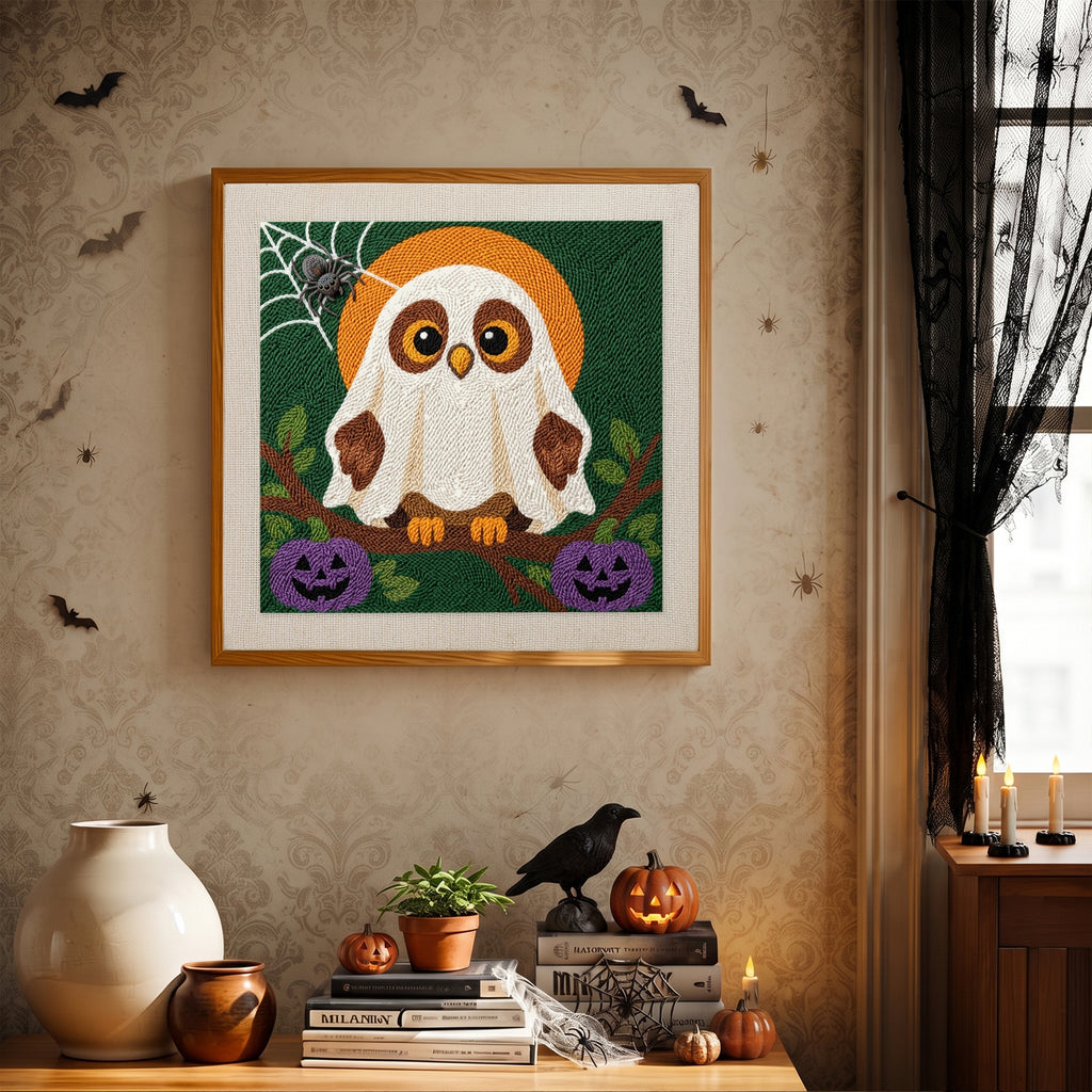 Finished Owl in a Sheet punch needle canvas on a wall