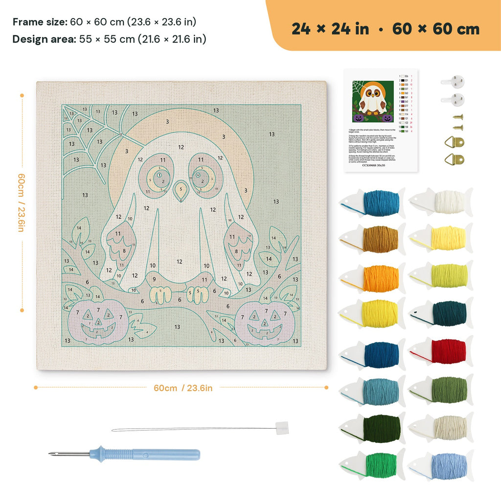 Owl in a Sheet punch needle kit, 24 × 24 in (60 × 60 cm): canvas size and kit contents
