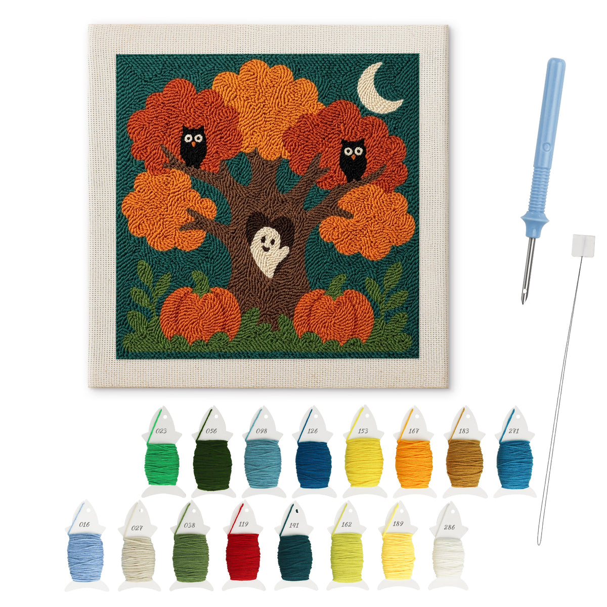 Owl Tree Ghost punch needle kit: finished canvas with threads, punch needle and threader