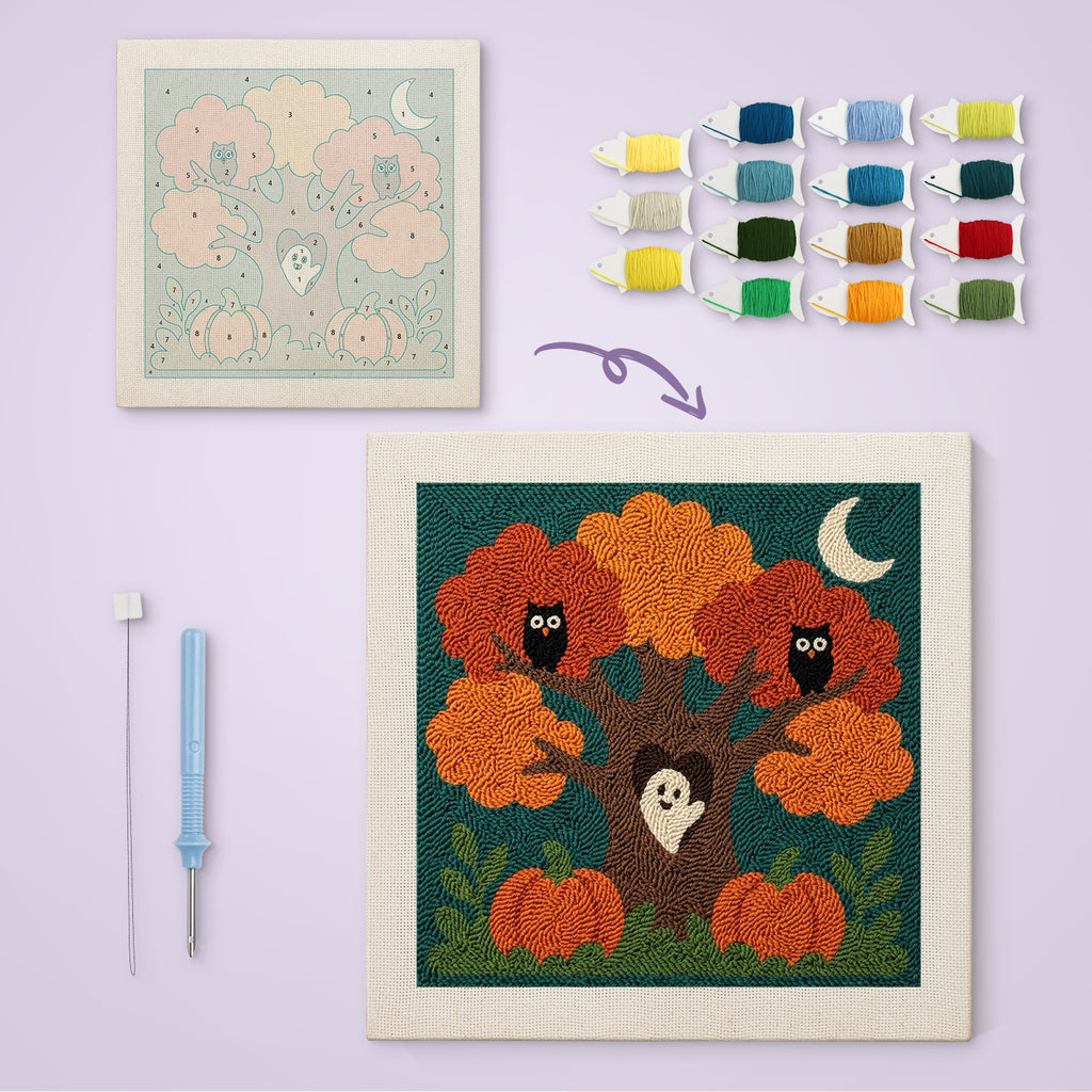 Owl Tree Ghost canvas before and after punching, with the threads and tools