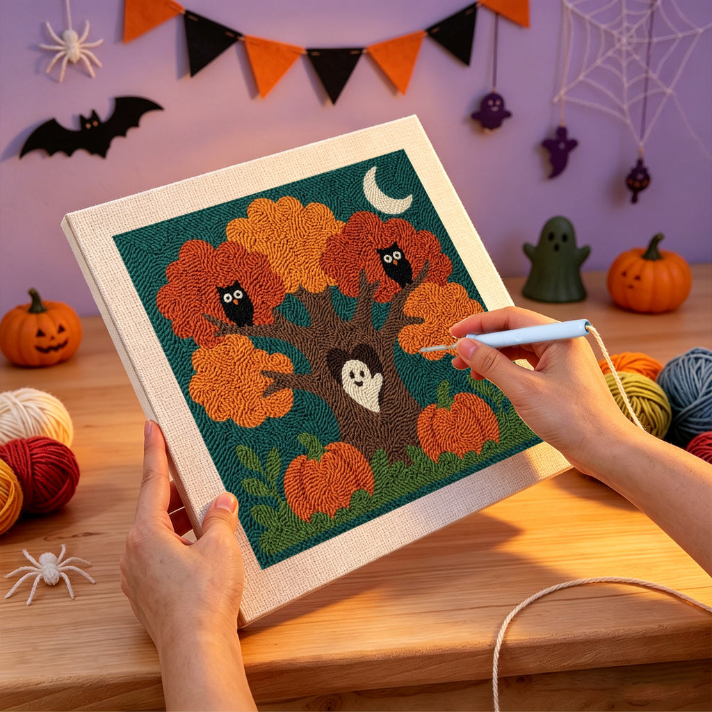 Punching the Owl Tree Ghost design with the punch needle