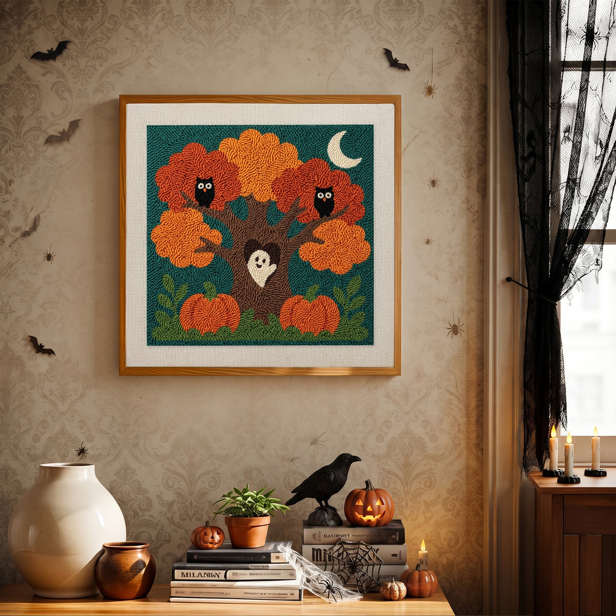 Finished Owl Tree Ghost punch needle canvas on a wall