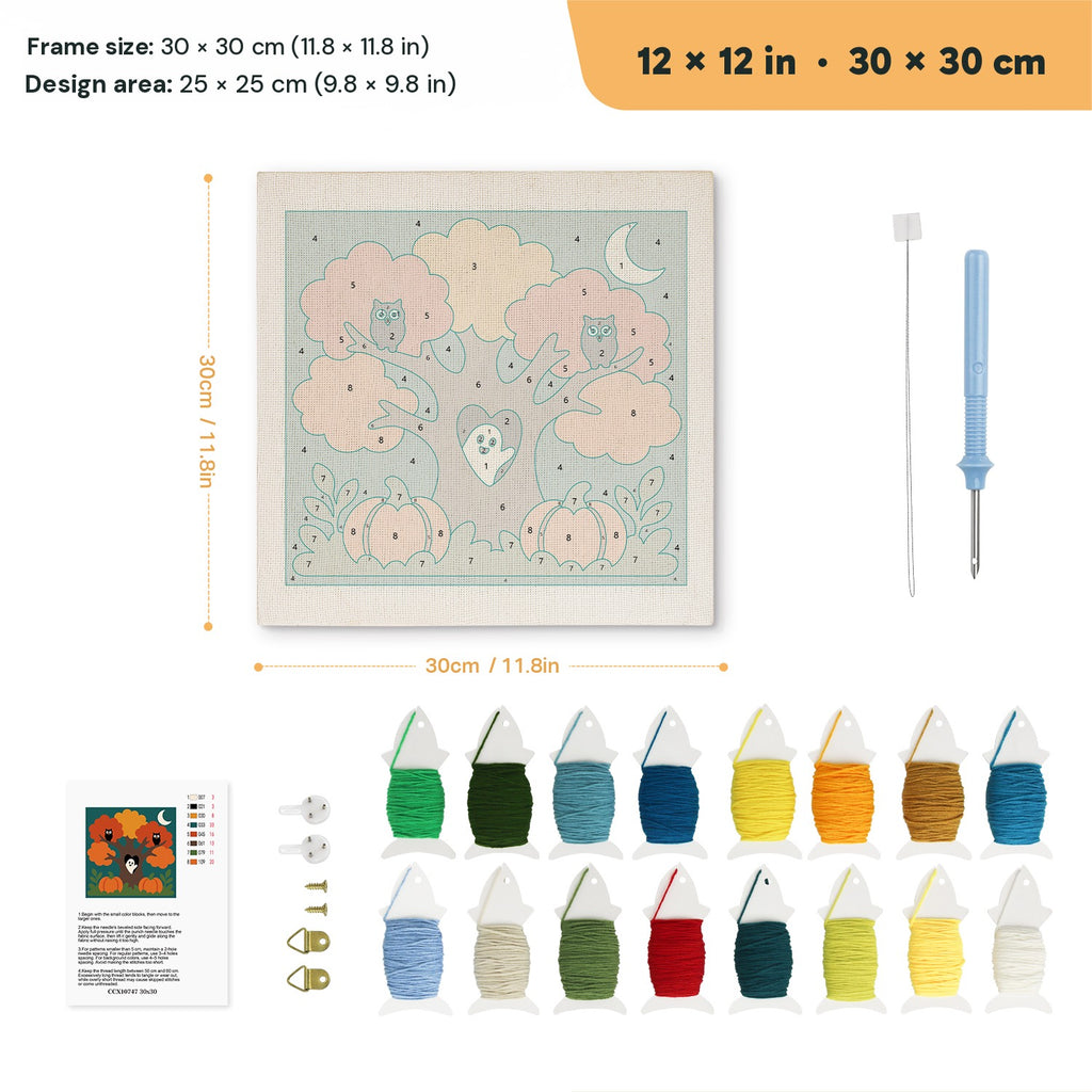 Owl Tree Ghost punch needle kit, 12 × 12 in (30 × 30 cm): canvas size and kit contents
