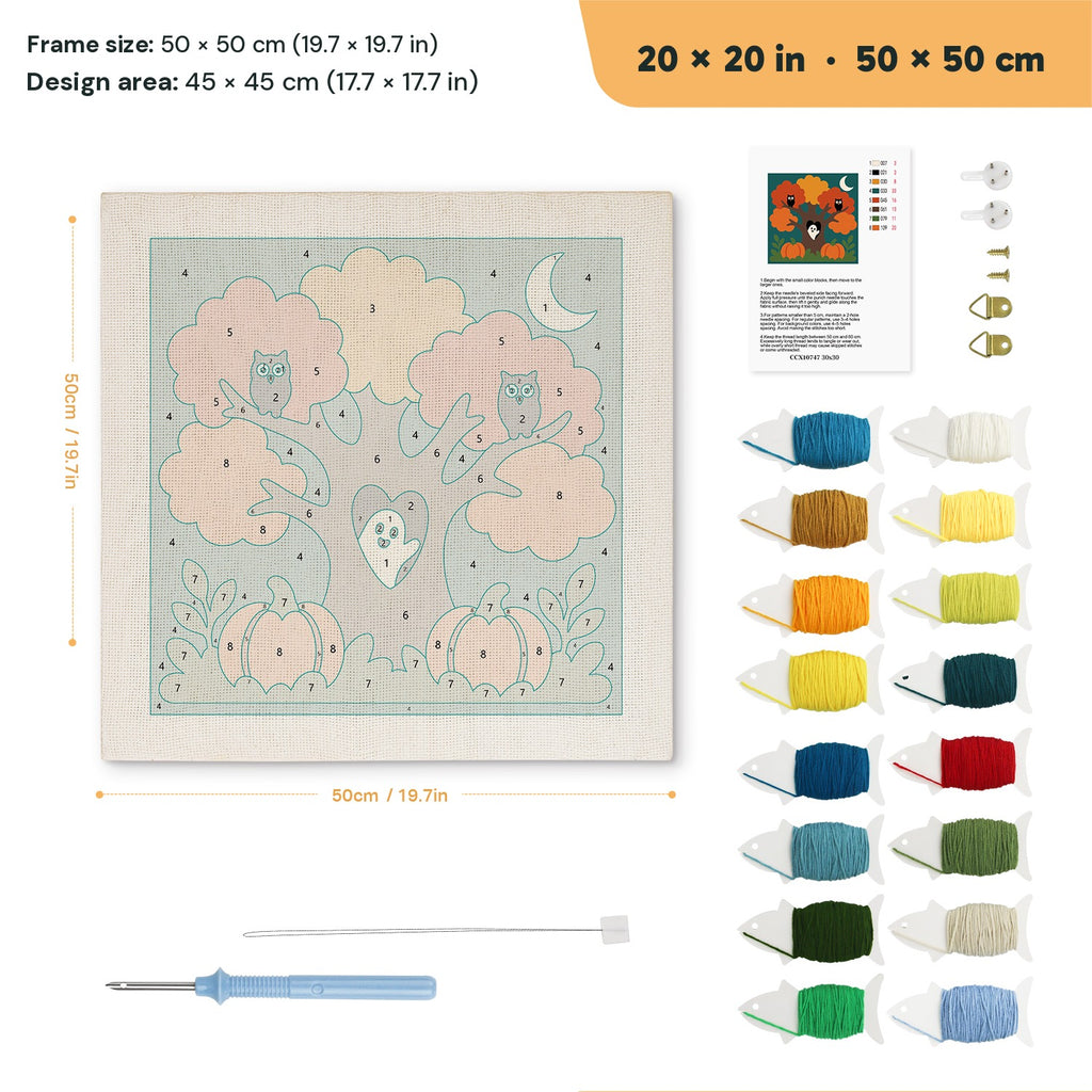 Owl Tree Ghost punch needle kit, 20 × 20 in (50 × 50 cm): canvas size and kit contents