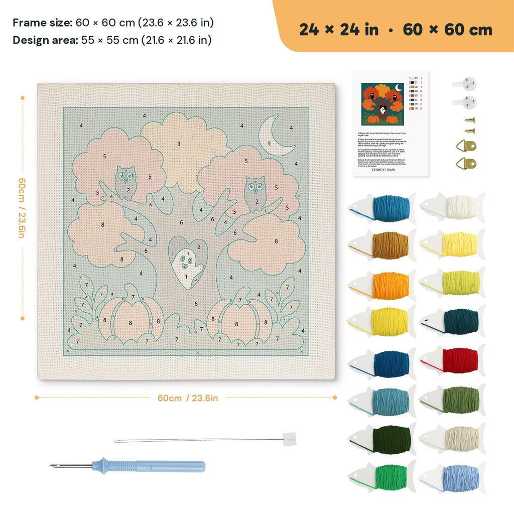 Owl Tree Ghost punch needle kit, 24 × 24 in (60 × 60 cm): canvas size and kit contents
