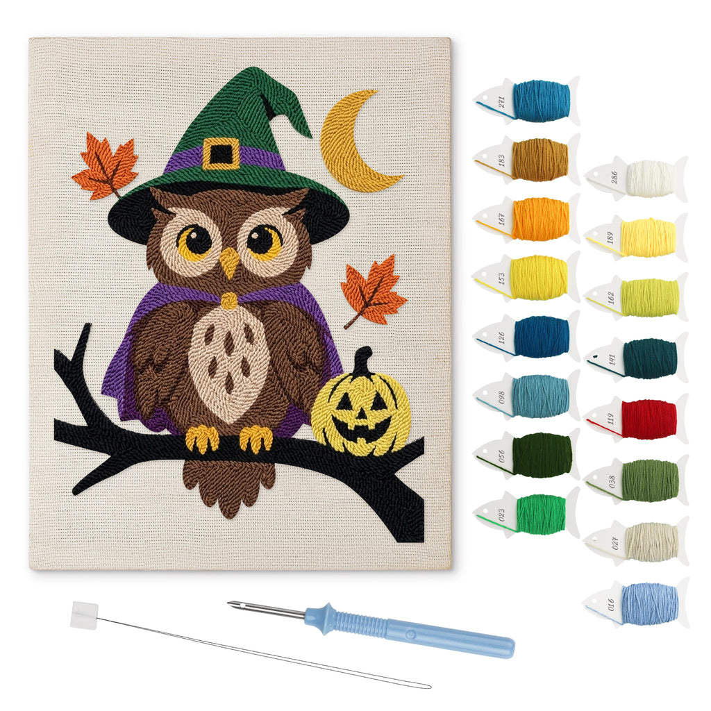 Owl Witch punch needle kit: finished canvas with threads, punch needle and threader
