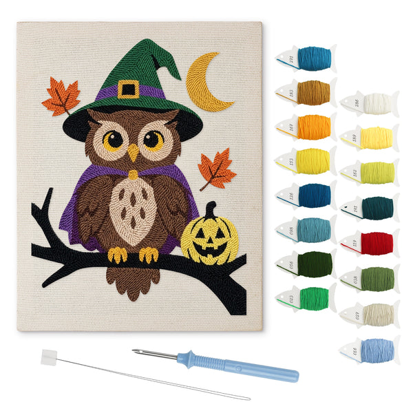 Owl Witch punch needle kit: finished canvas with threads, punch needle and threader